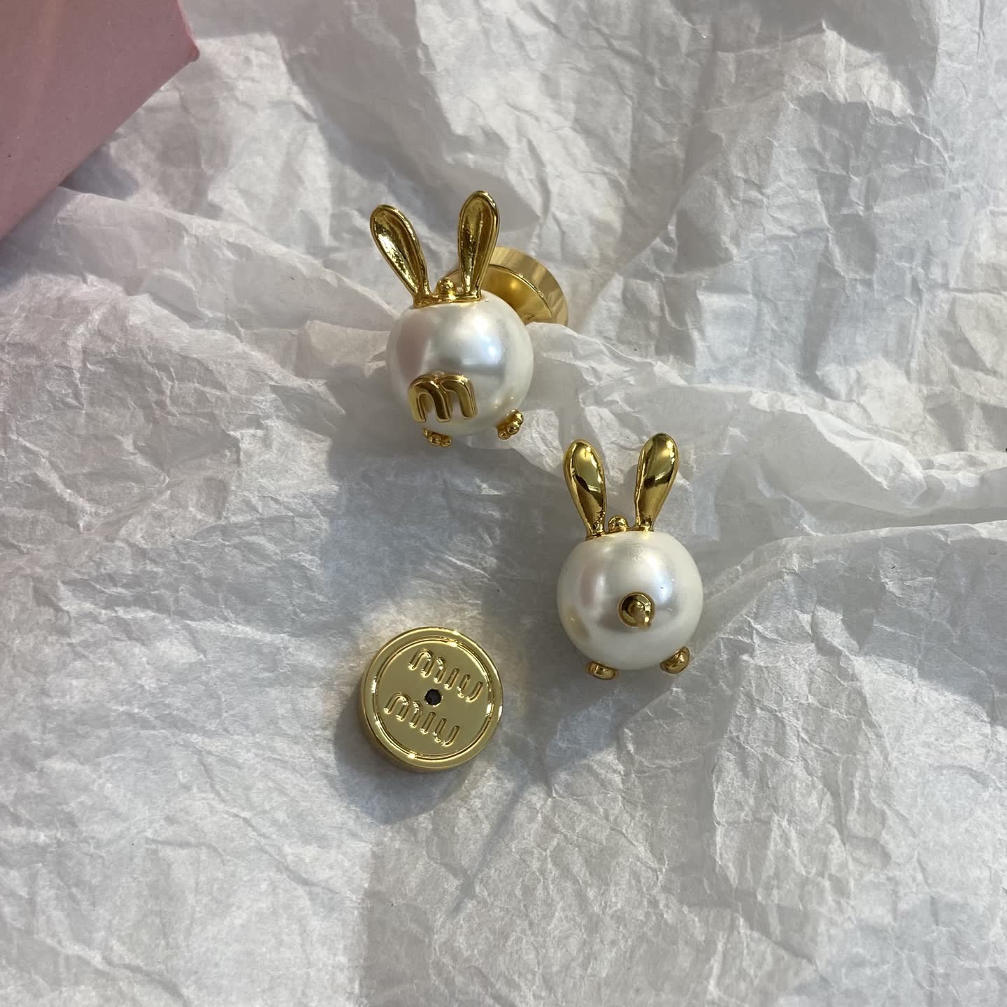 Miu Miu Gold Rabbit Pearl Stud Earrings